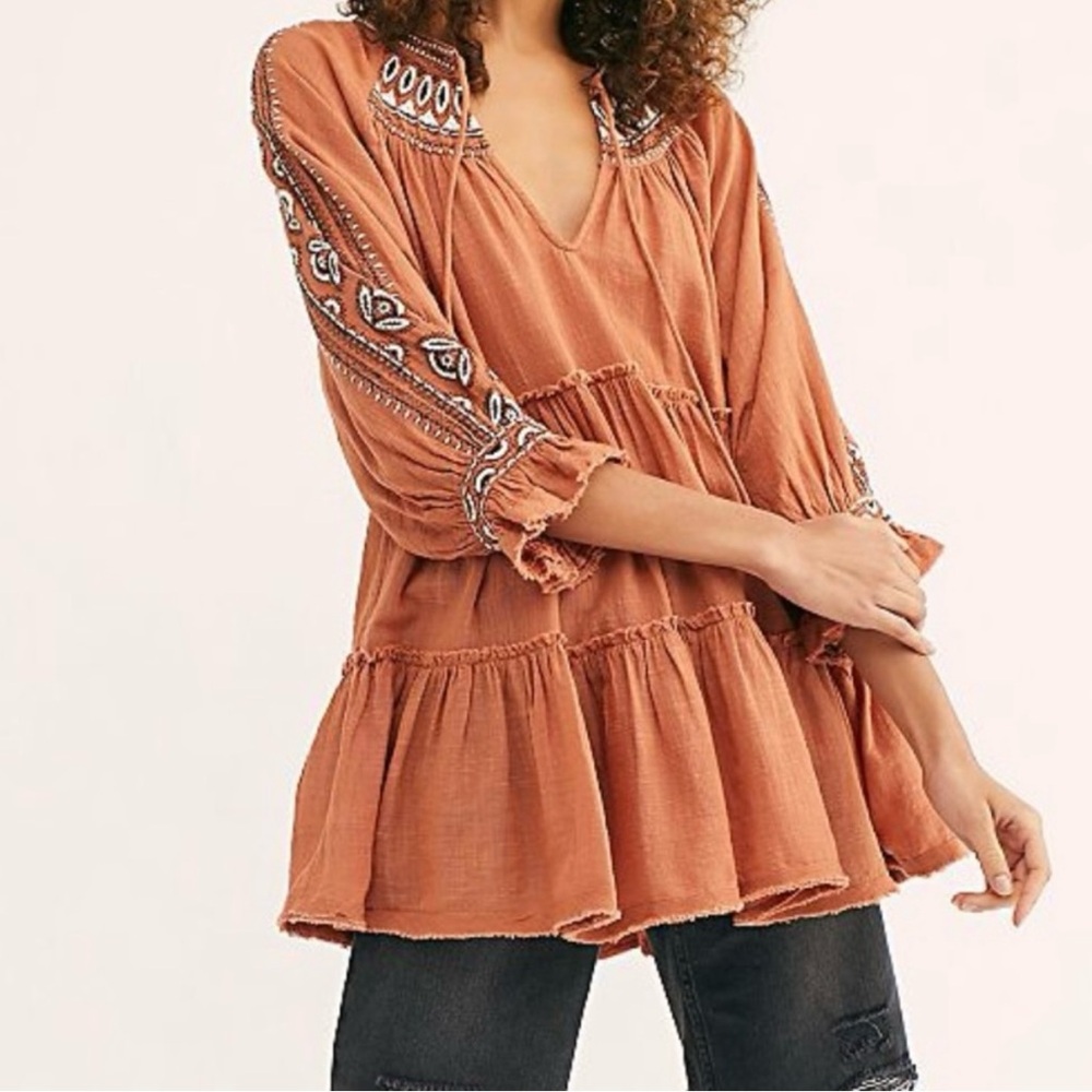 Free People Rust Embroidered Tiered Tunic size small